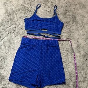 Blue Textured Two-Piece Crop Top & High-Waist Shorts Set